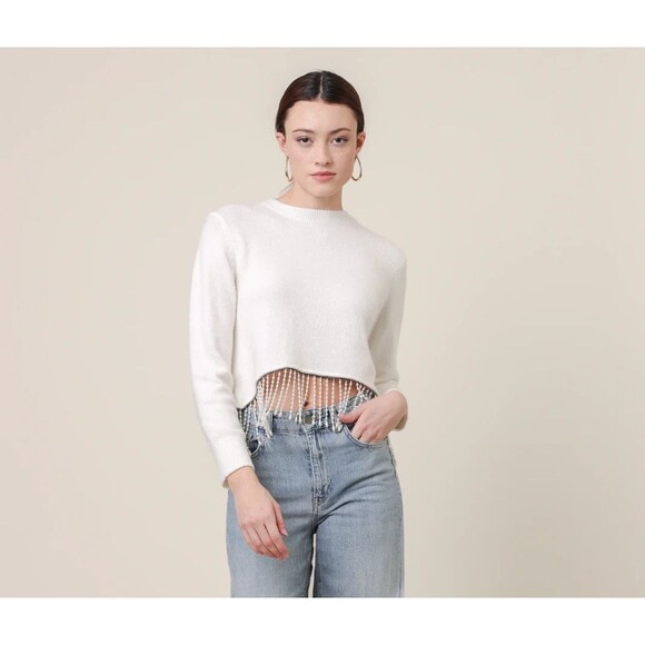 Line & Dot Sweater Womens Small White Beaded Fringe Hem Crewneck Cropped LT4434L - Picture 2 of 9